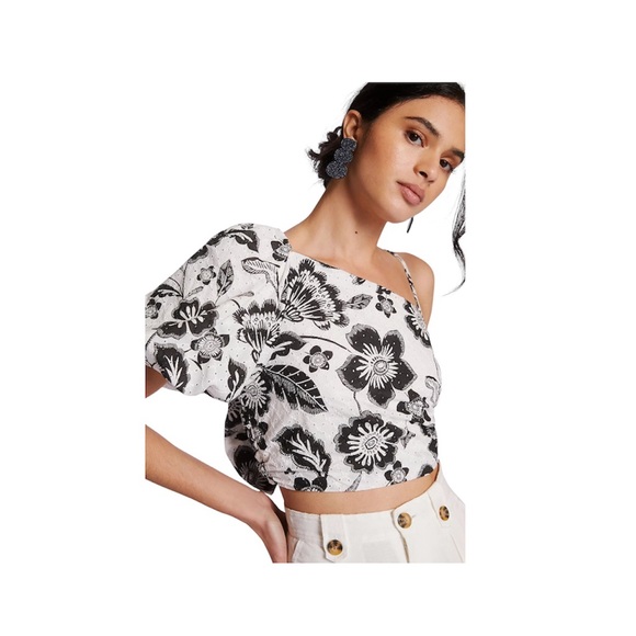 NWT Anthropologie Maeve One-Shoulder Cropped Blouse Black & White Floral Bow 6 - Picture 1 of 7